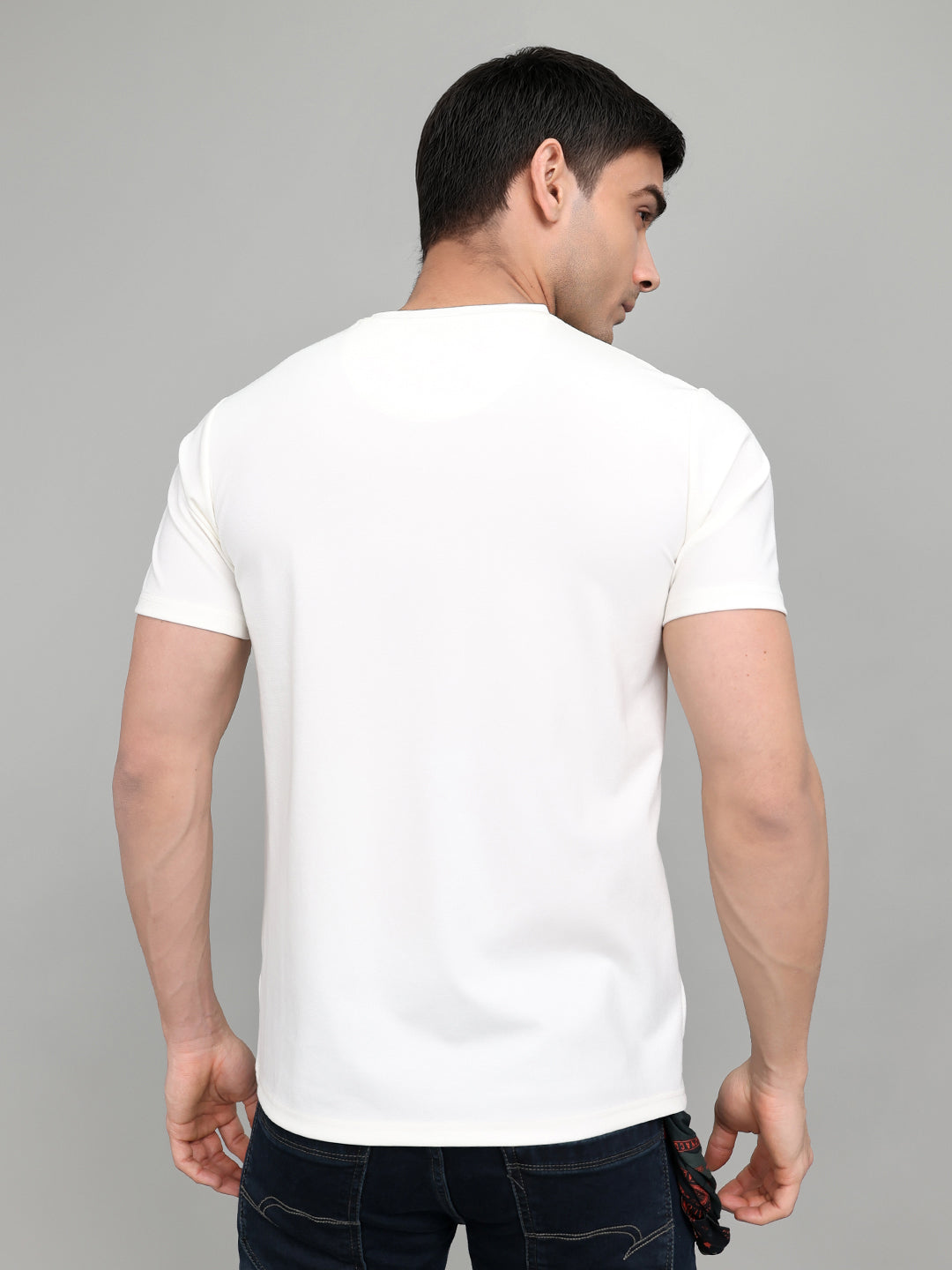 Men White Printed Round Neck Half Sleeve T-Shirt