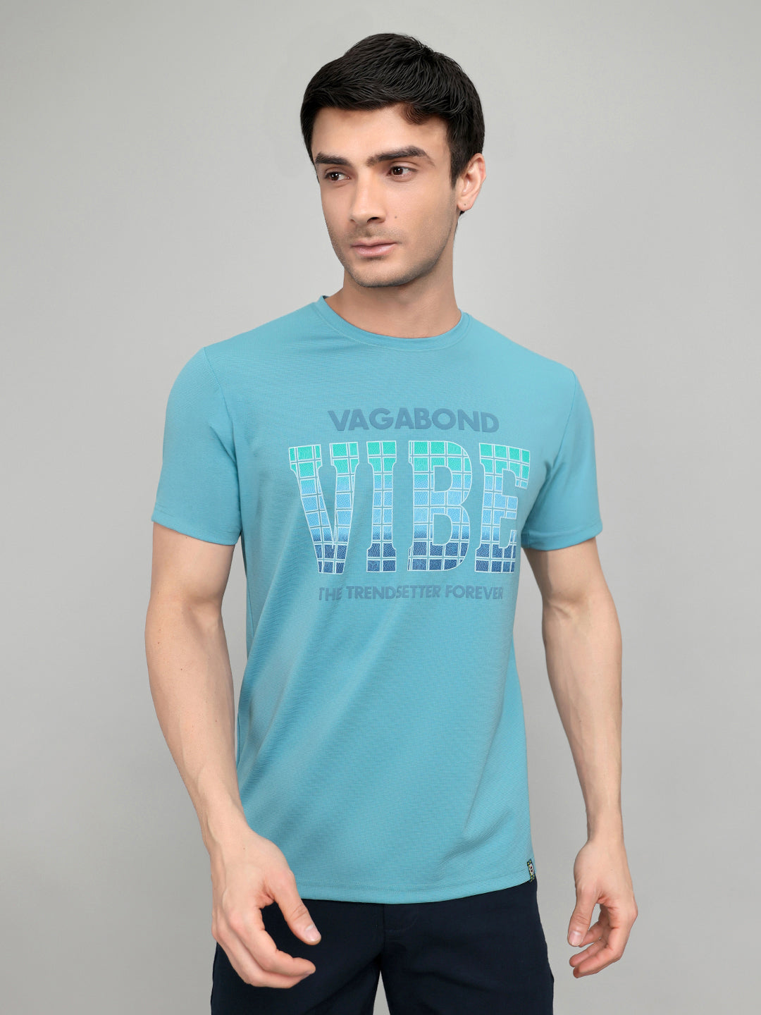 Men Blue Printed Round Neck Half Sleeve T-Shirt