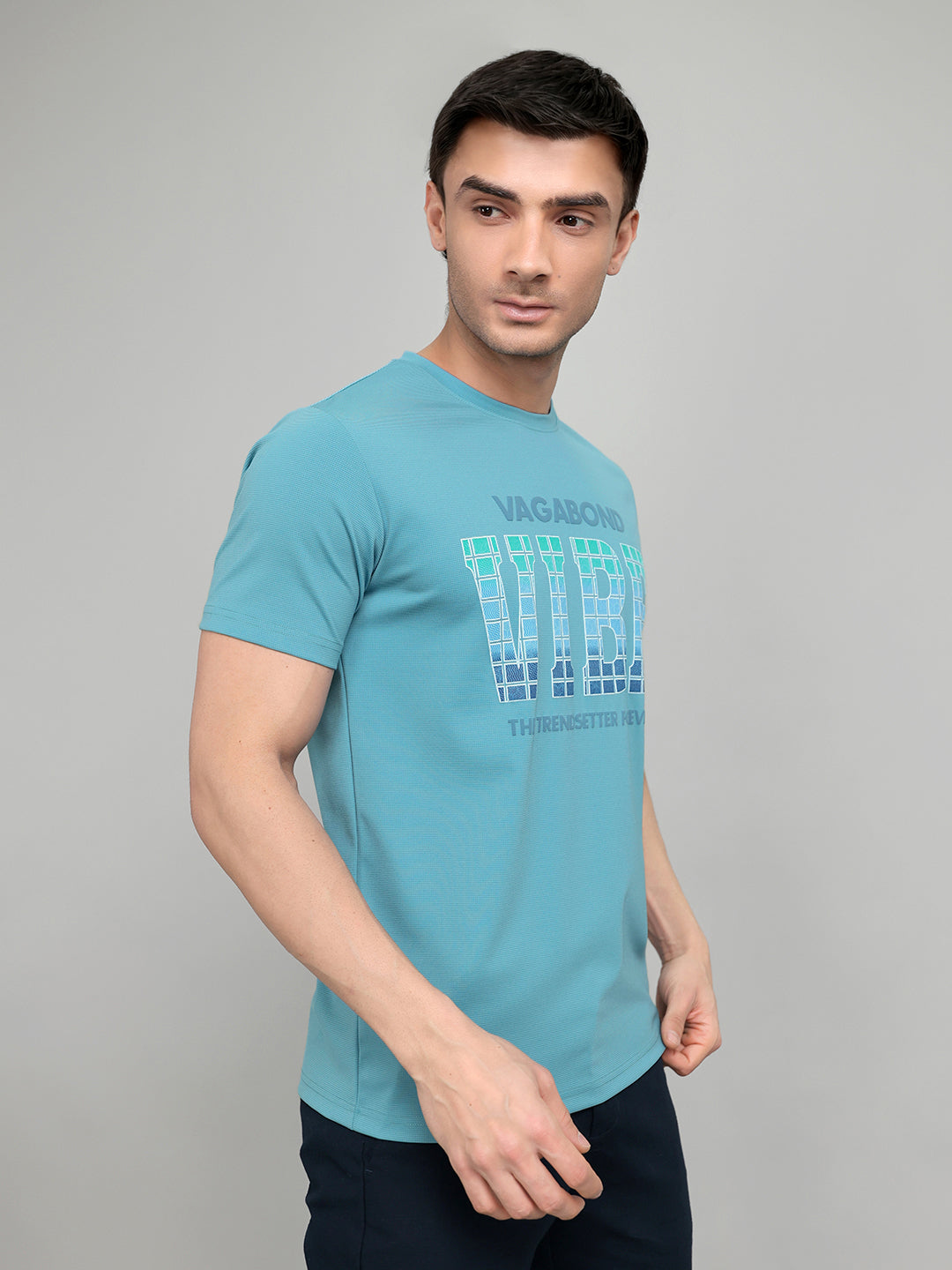 Men Blue Printed Round Neck Half Sleeve T-Shirt