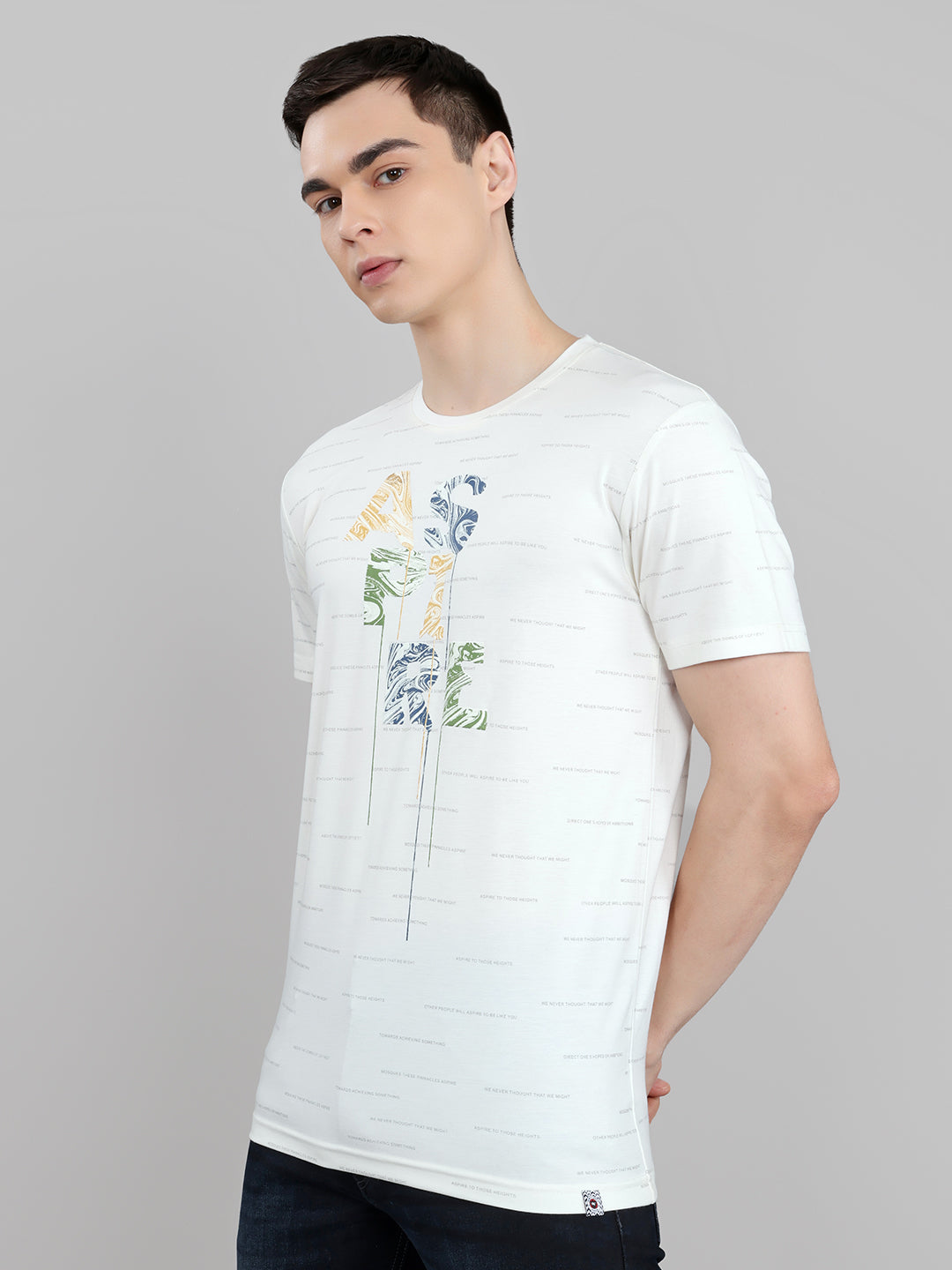 Men Beige Typography Print Round Neck Half Sleeve T-Shirt