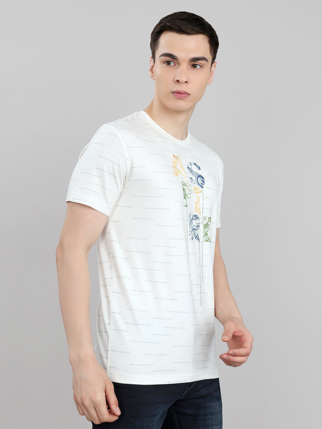 Men Beige Typography Print Round Neck Half Sleeve T-Shirt