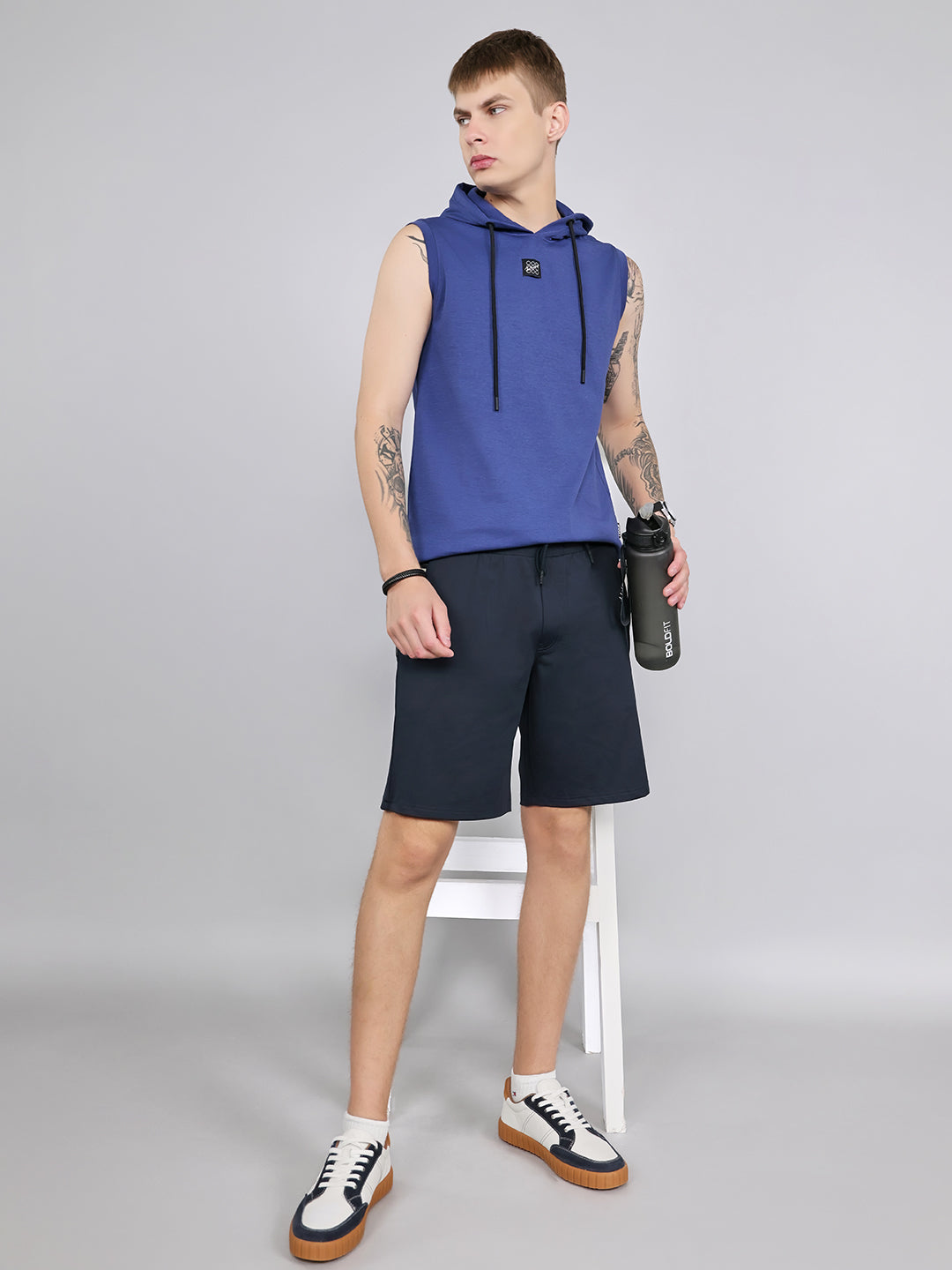 Men Navy Blue Solid Smart Fit Bermuda