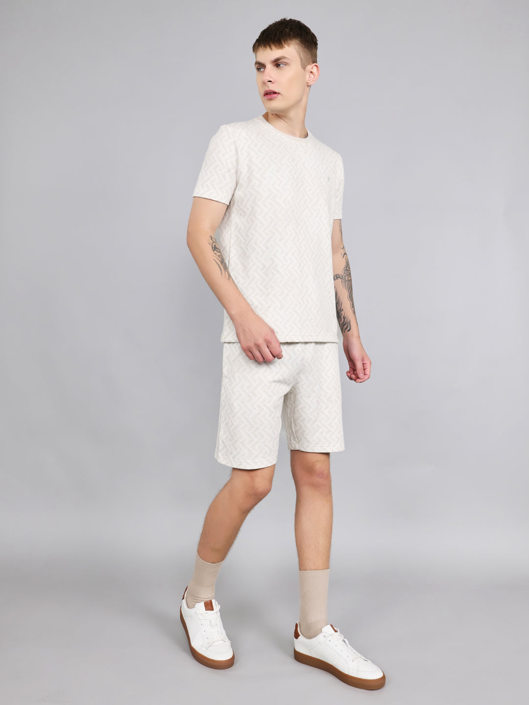 Men Beige Geometric Regular Fit Bermuda Set