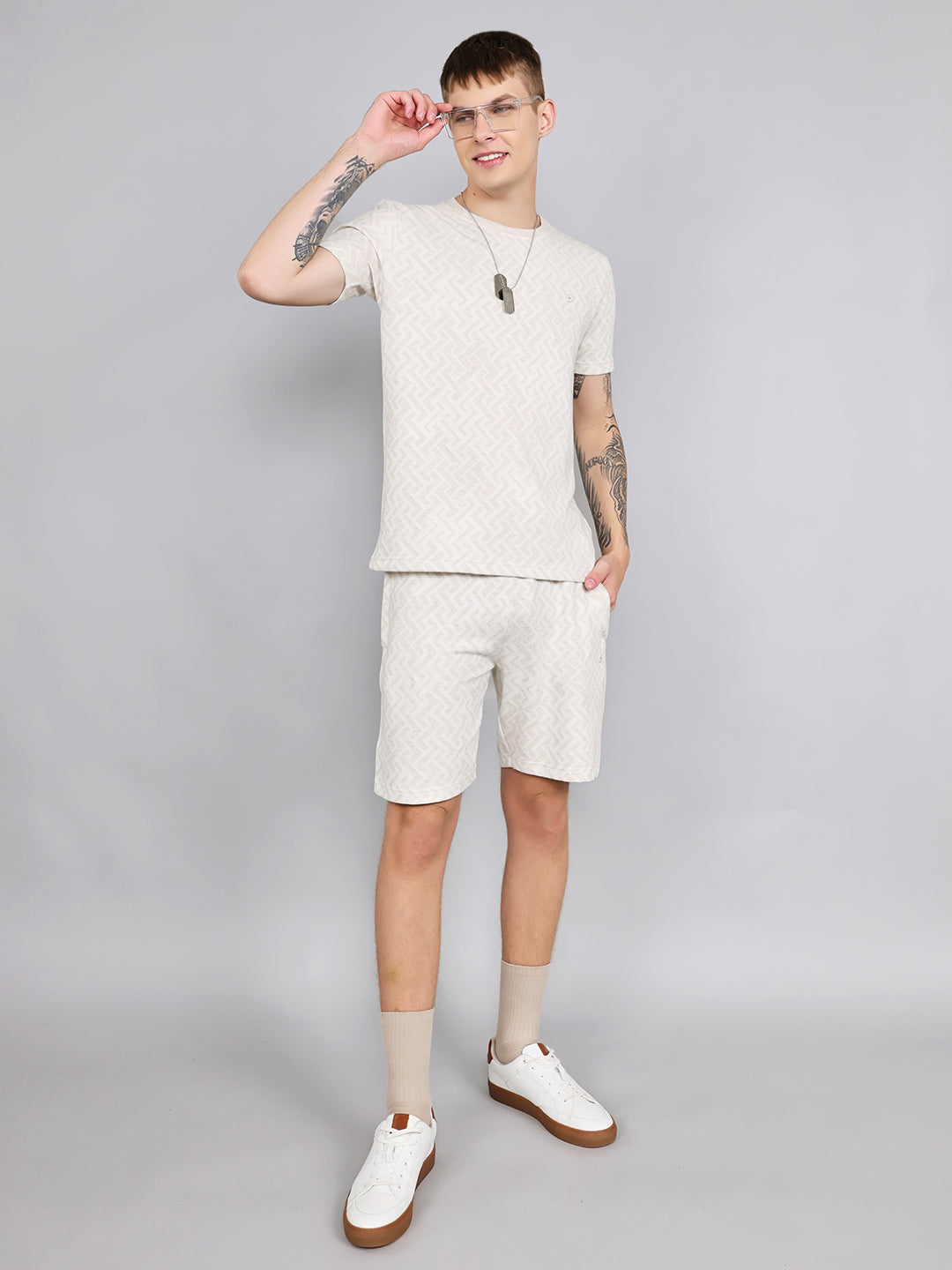 Men Beige Geometric Regular Fit Bermuda Set