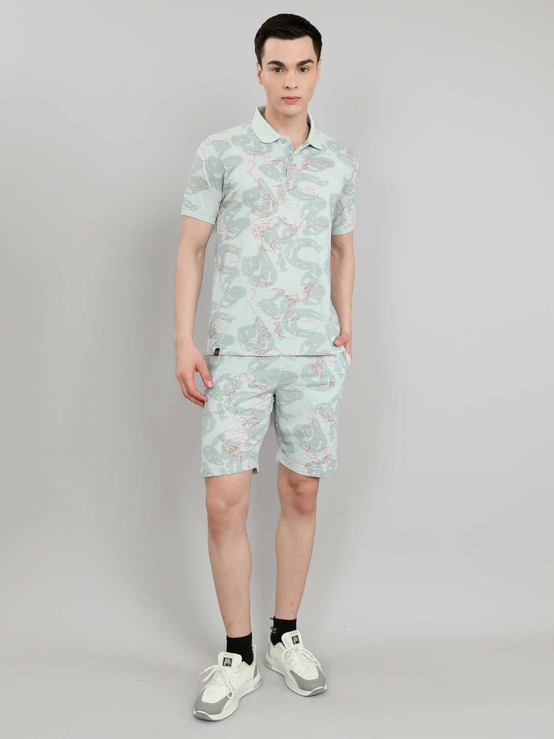 Men Pastel Blue Solid Collar Half Sleeve Bermuda Set