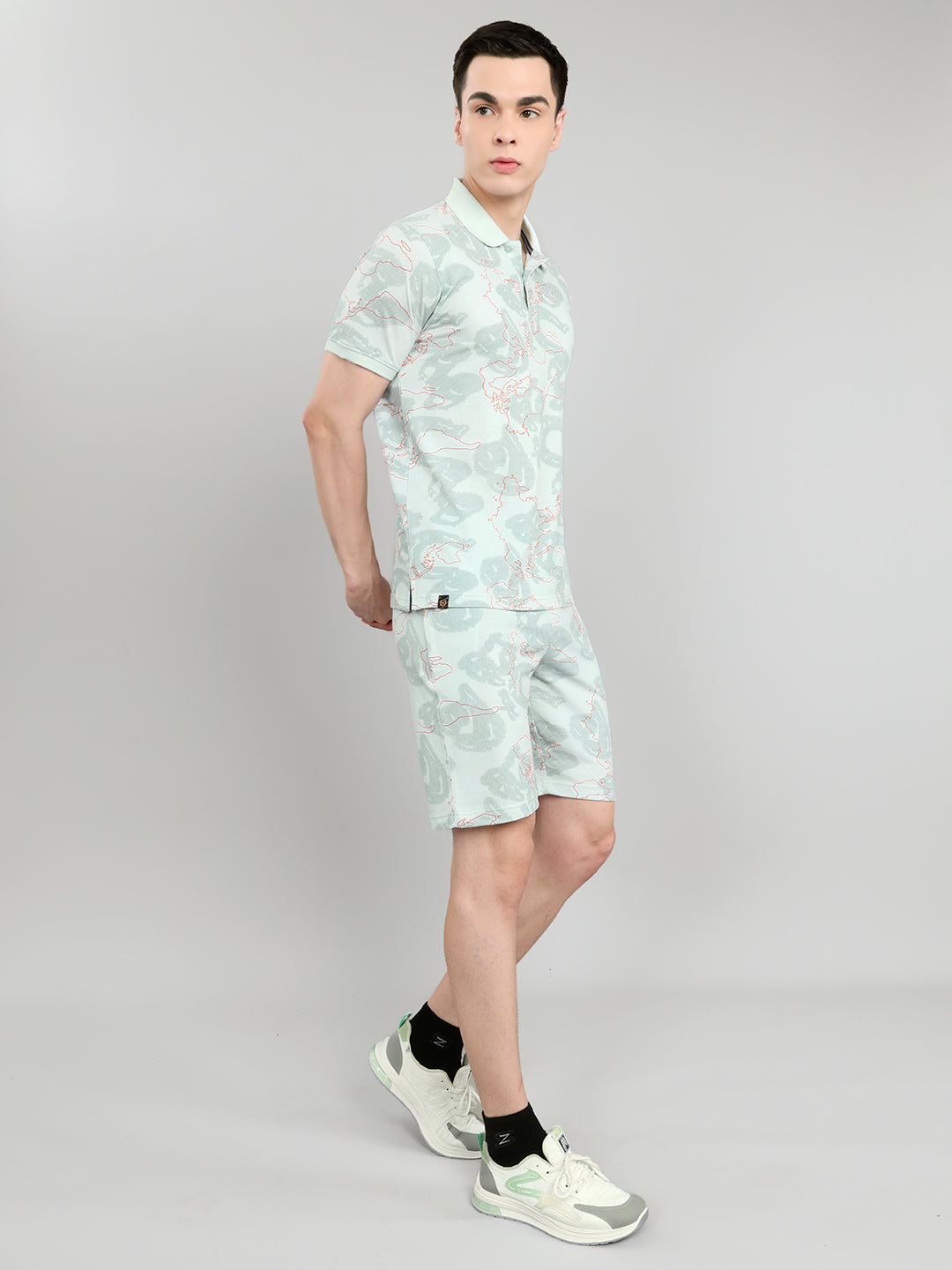 Men Pastel Blue Solid Collar Half Sleeve Bermuda Set