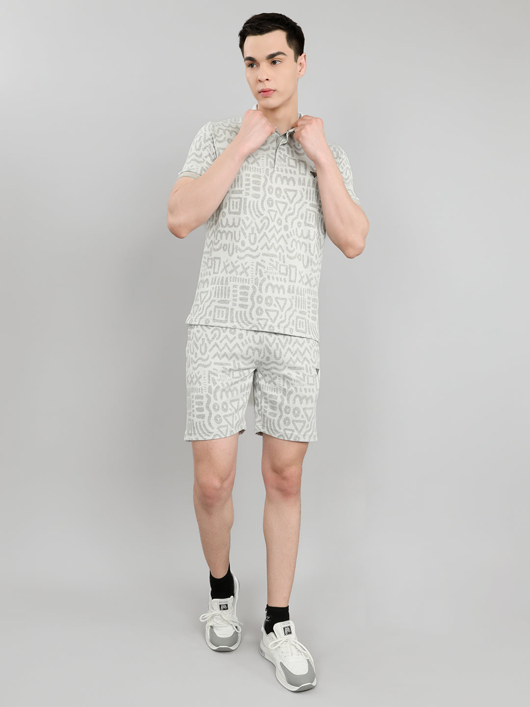 Men Grey Printed Collar Half Sleeve Bermuda Set