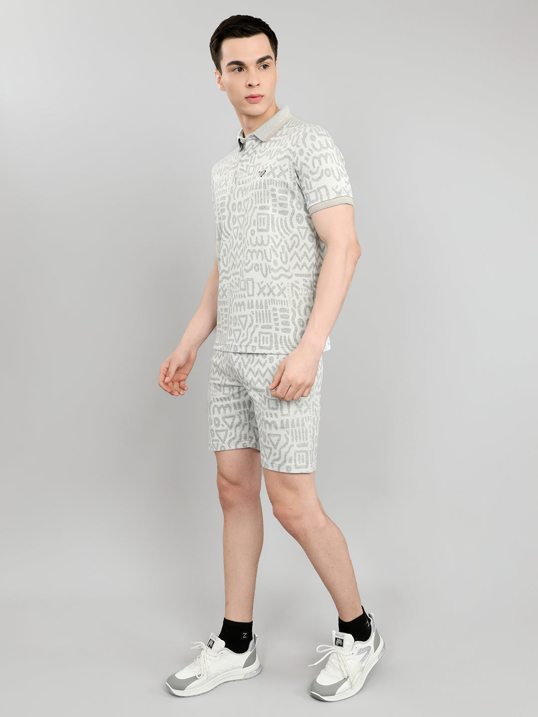 Men Grey Printed Collar Half Sleeve Bermuda Set