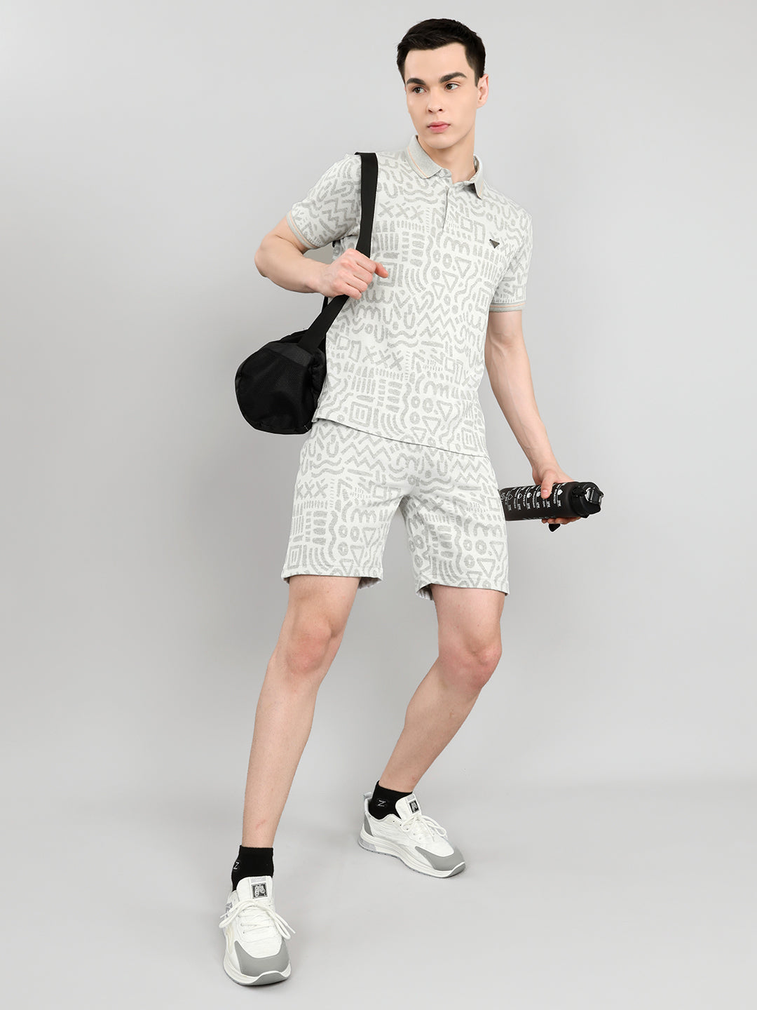 Men Grey Printed Collar Half Sleeve Bermuda Set