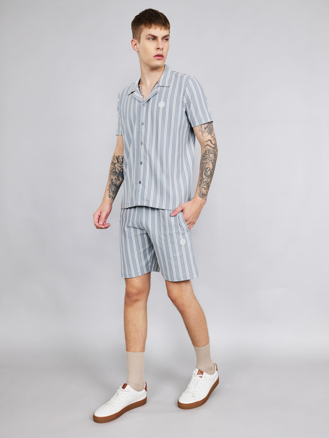 Men Sky Blue Stripe Regular Fit Bermuda Set