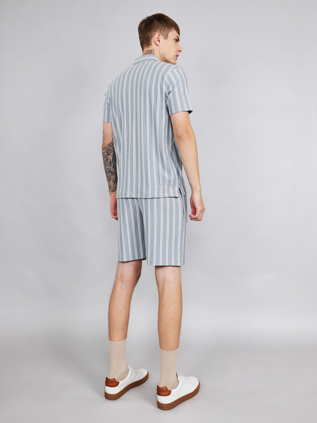 Men Sky Blue Stripe Regular Fit Bermuda Set