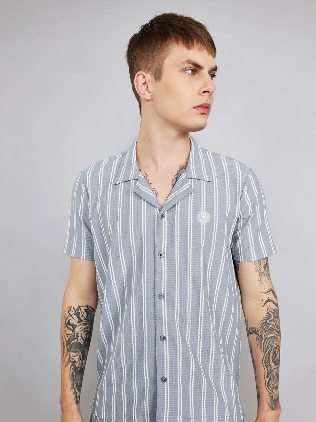 Men Sky Blue Stripe Regular Fit Bermuda Set