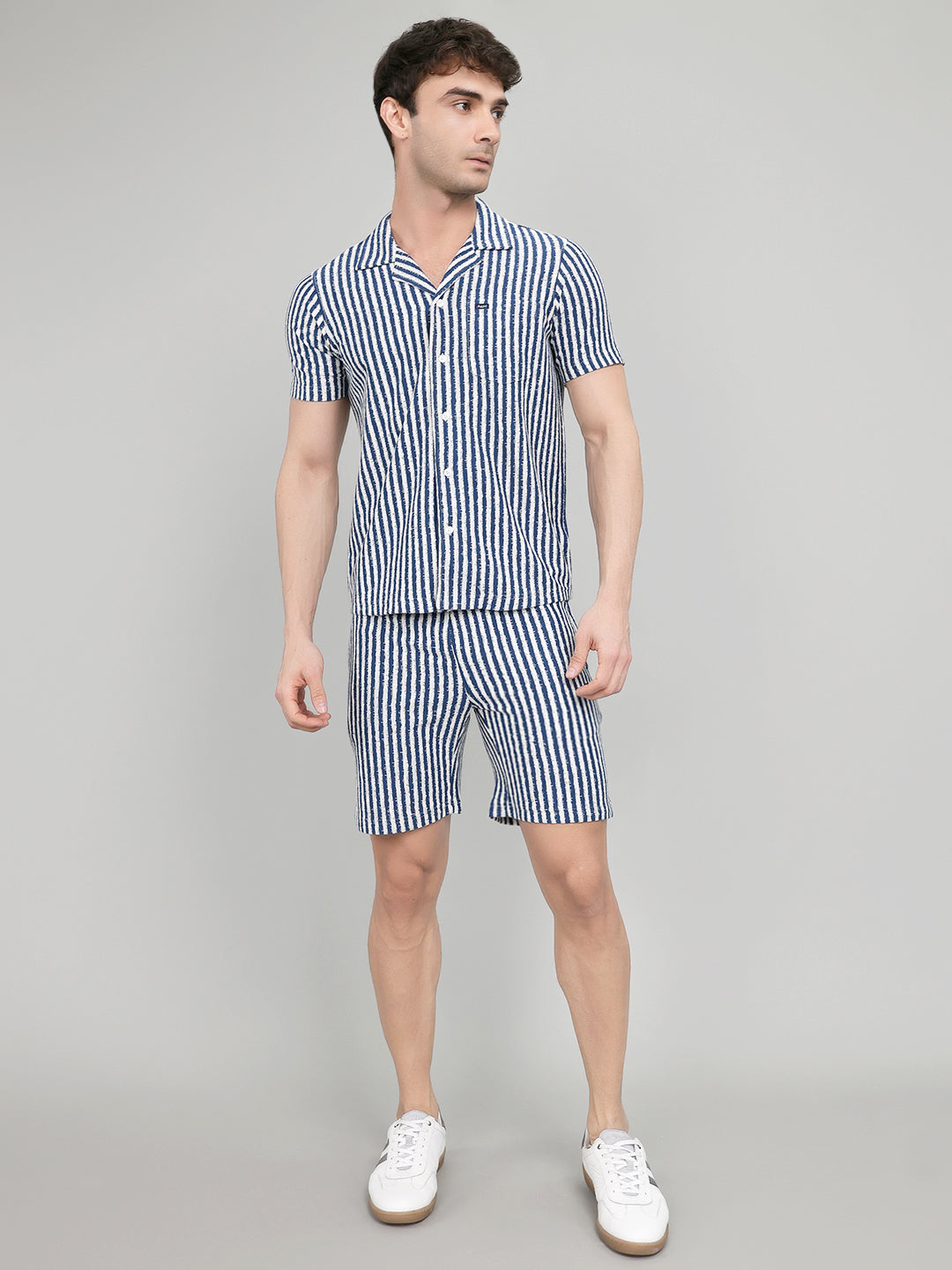 Men Navy Blue Stripe Collar Half Sleeve Bermuda Set