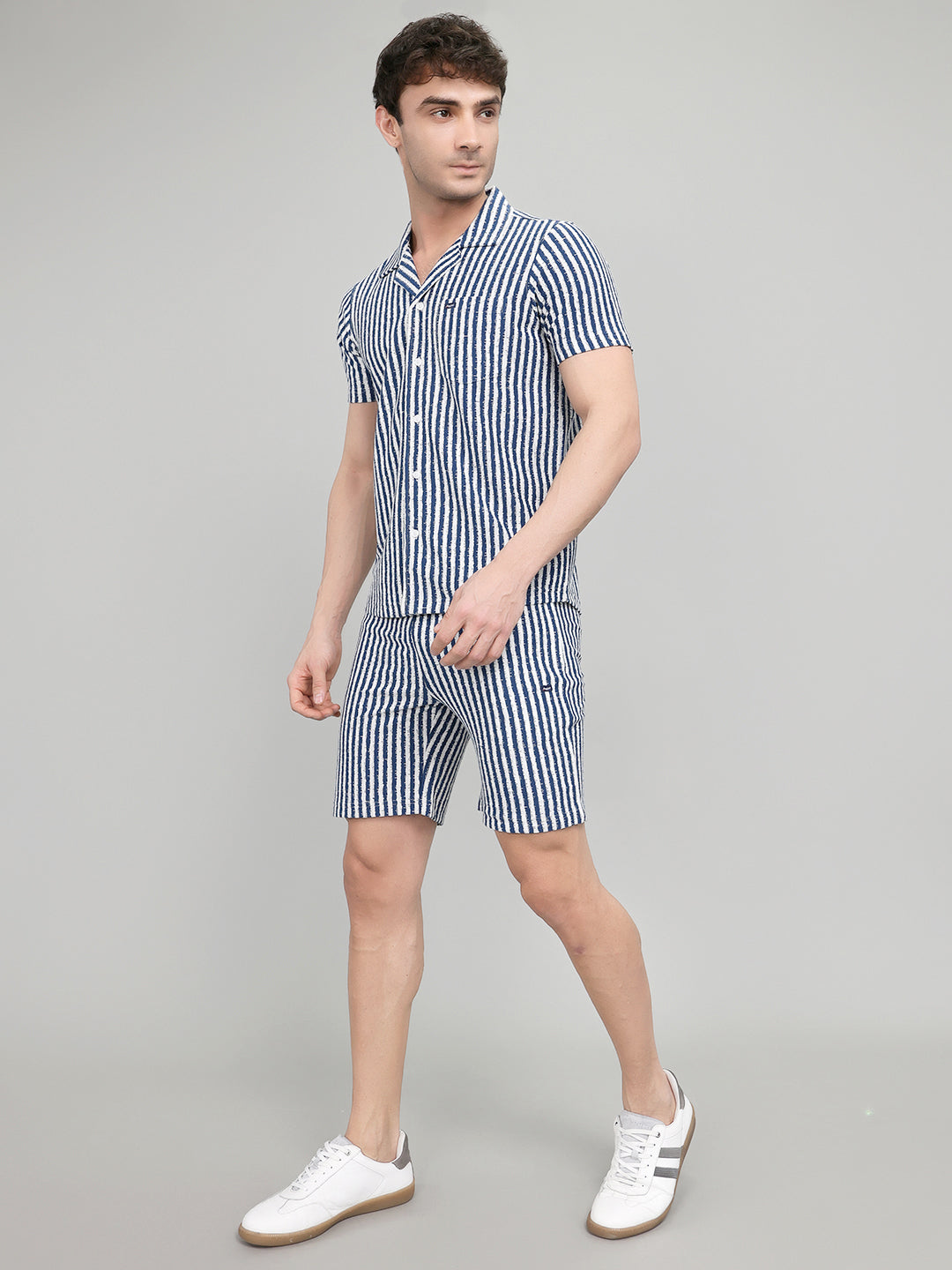 Men Navy Blue Stripe Collar Half Sleeve Bermuda Set