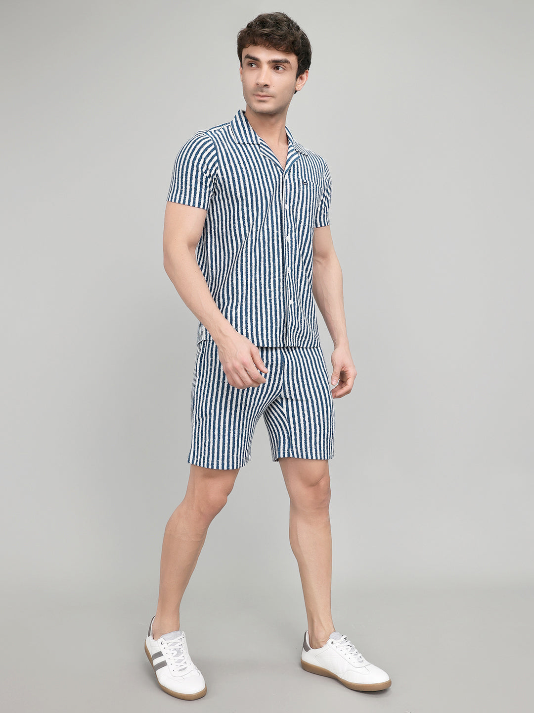 Men Navy Blue Stripe Collar Half Sleeve Bermuda Set