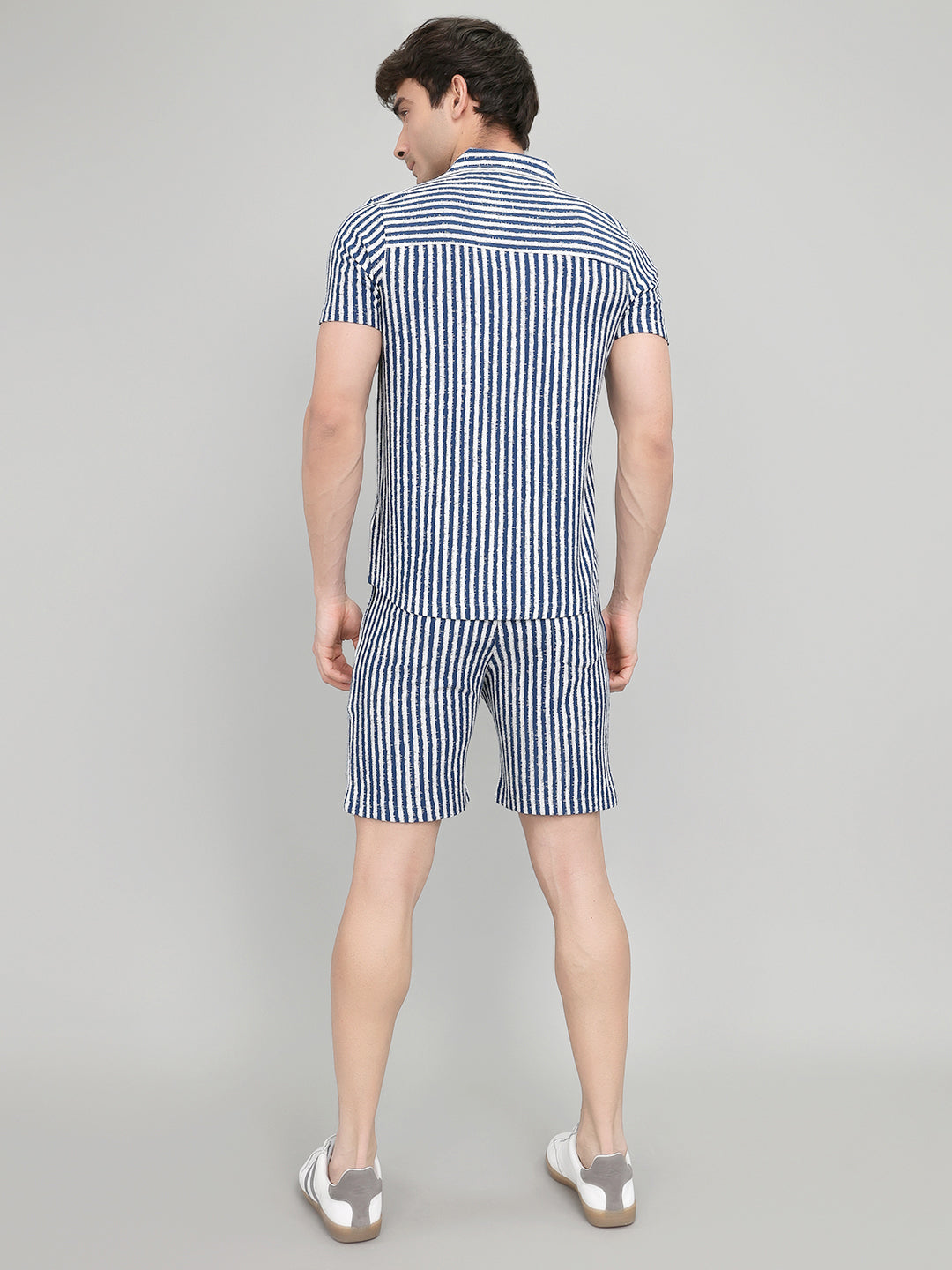 Men Navy Blue Stripe Collar Half Sleeve Bermuda Set