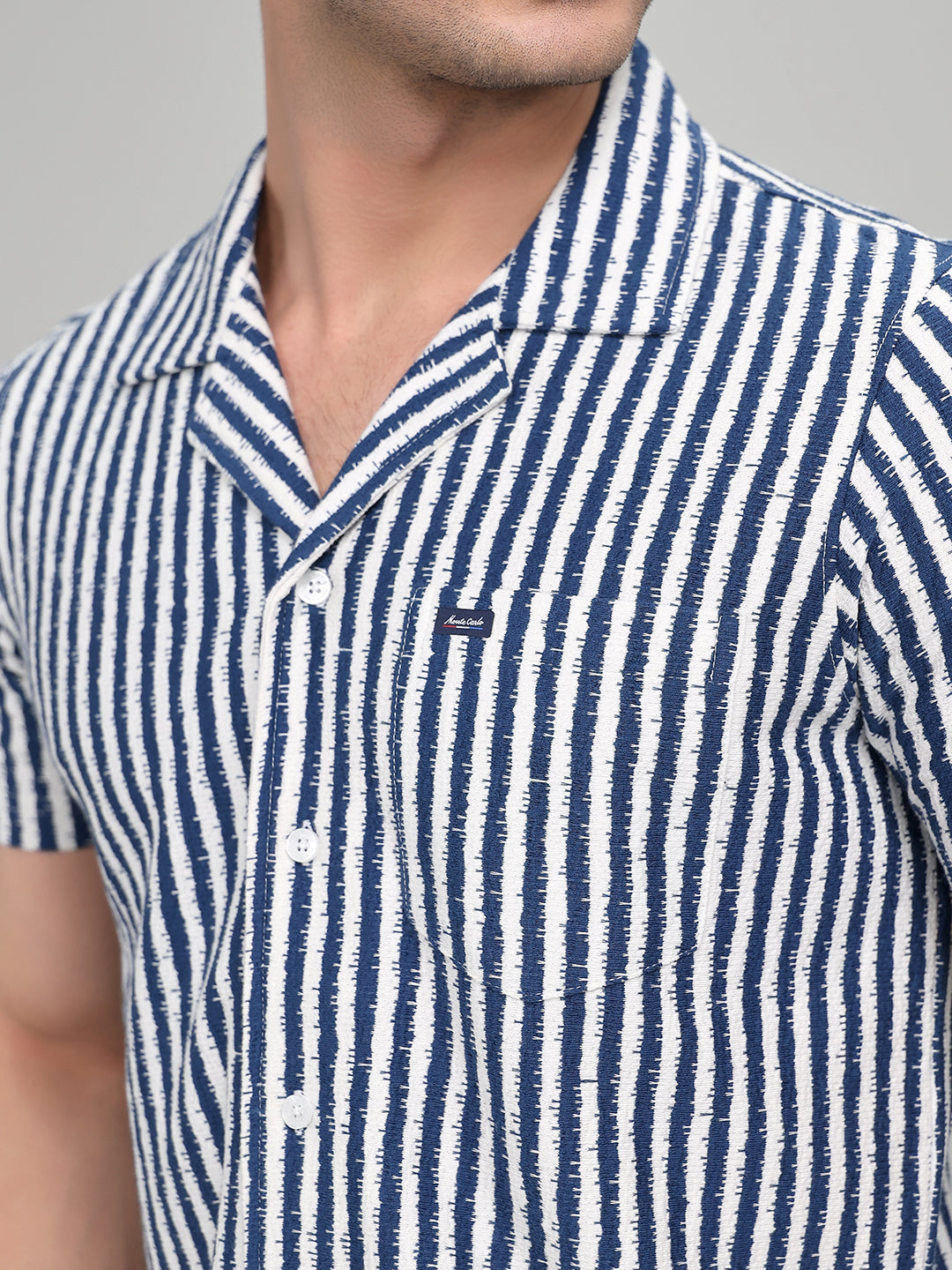 Men Navy Blue Stripe Collar Half Sleeve Bermuda Set