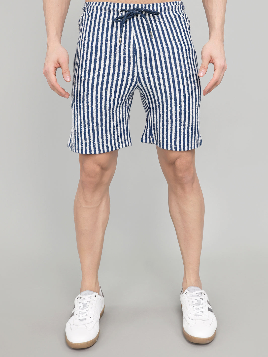 Men Navy Blue Stripe Collar Half Sleeve Bermuda Set