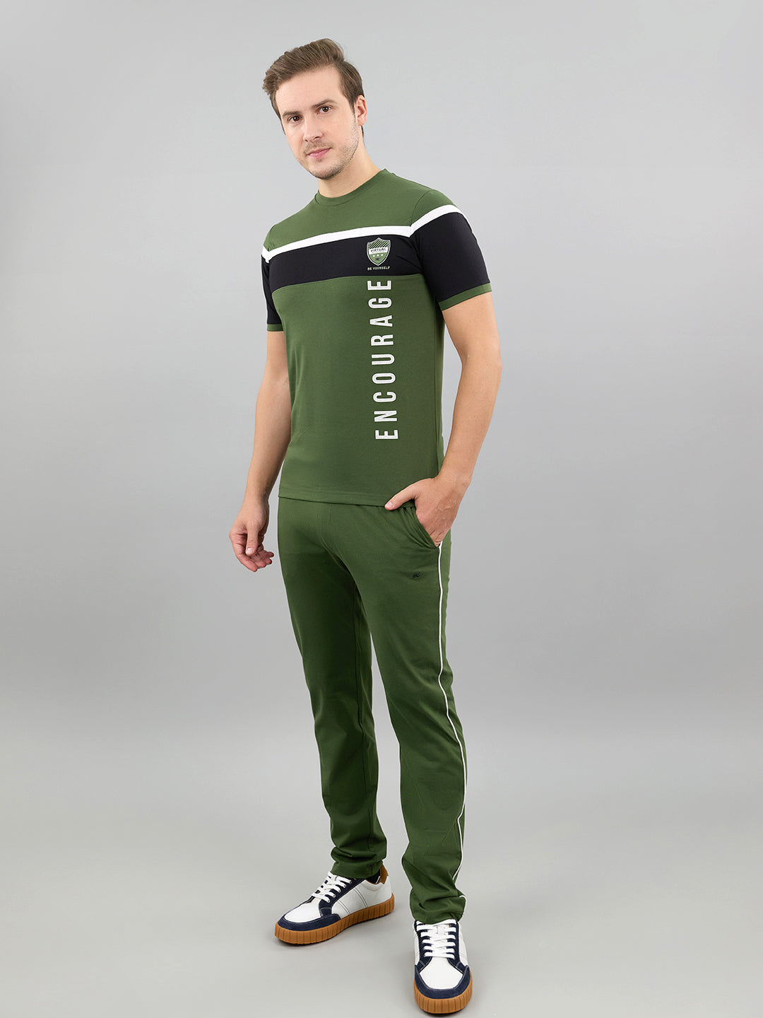 Men Green Solid Round Neck Half Sleeve Lower Set
