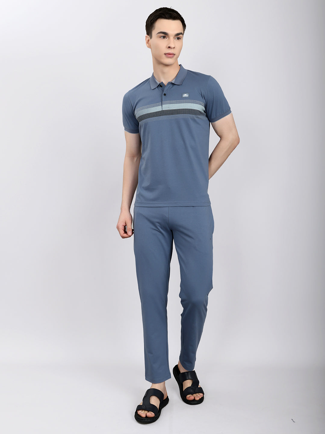 Men Grey & Blue Solid Round Neck Half Sleeve Lower Set