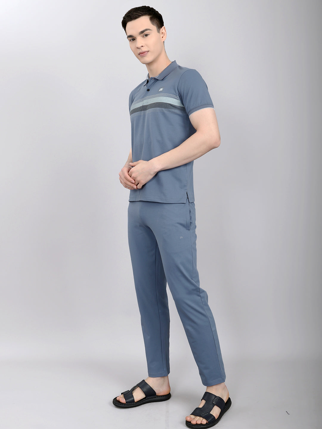 Men Grey & Blue Solid Round Neck Half Sleeve Lower Set