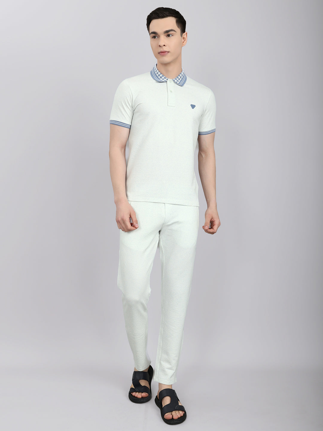Men Sky Blue Solid Collar Half Sleeve Lower Set