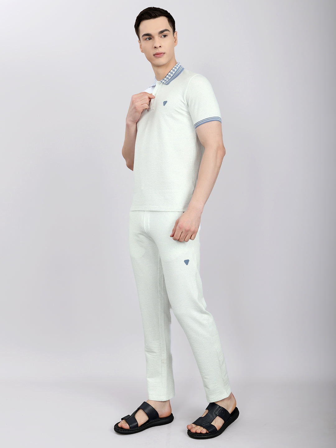 Men Sky Blue Solid Collar Half Sleeve Lower Set
