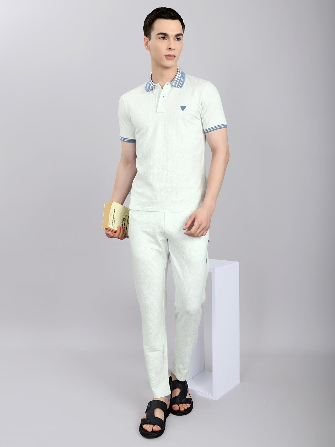 Men Sky Blue Solid Collar Half Sleeve Lower Set