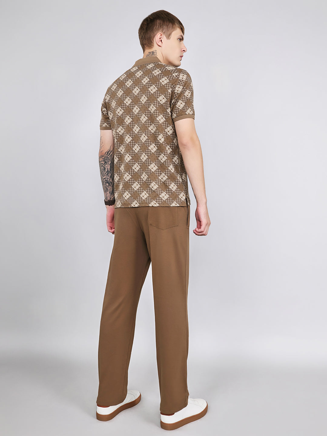 Men Brown Printed Collar Half Sleeve Lower Set