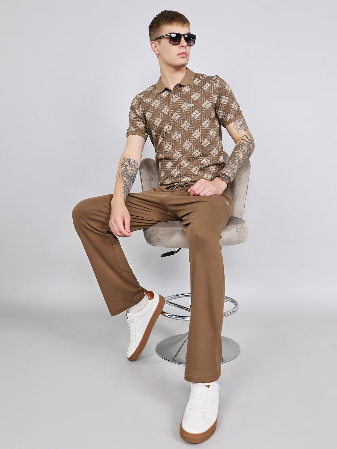 Men Brown Printed Collar Half Sleeve Lower Set