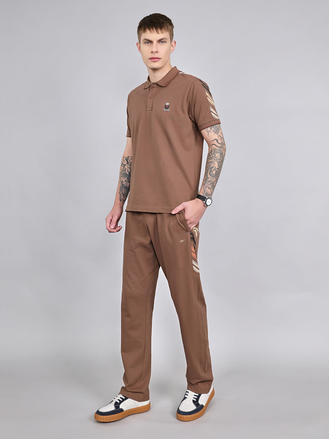 Men Brown Solid Collar Half Sleeve Lower Set