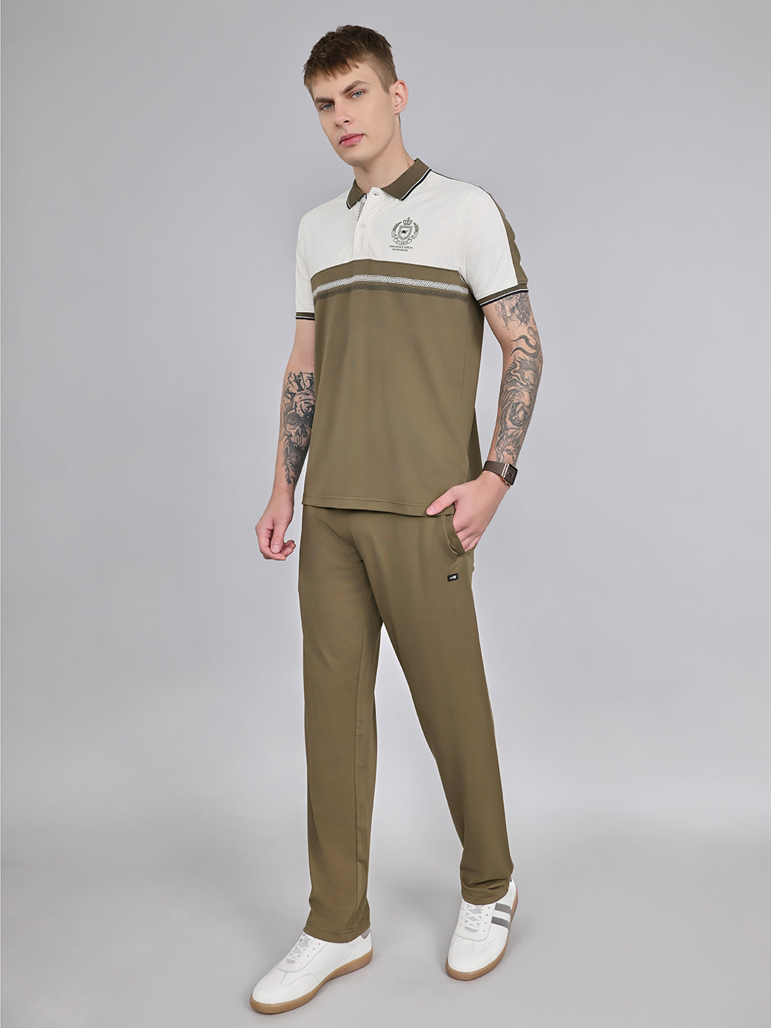 Men Olive Solid Collar Half Sleeve Lower Set
