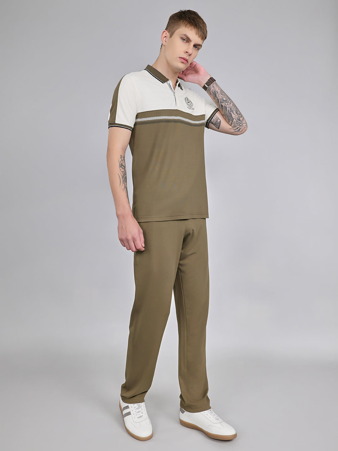 Men Olive Solid Collar Half Sleeve Lower Set