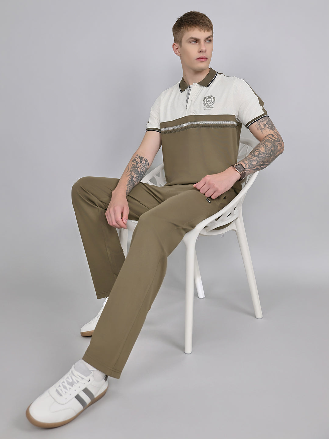 Men Olive Solid Collar Half Sleeve Lower Set