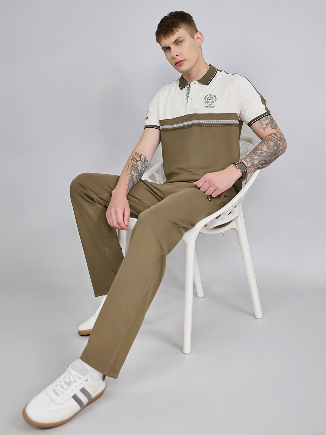 Men Olive Solid Collar Half Sleeve Lower Set