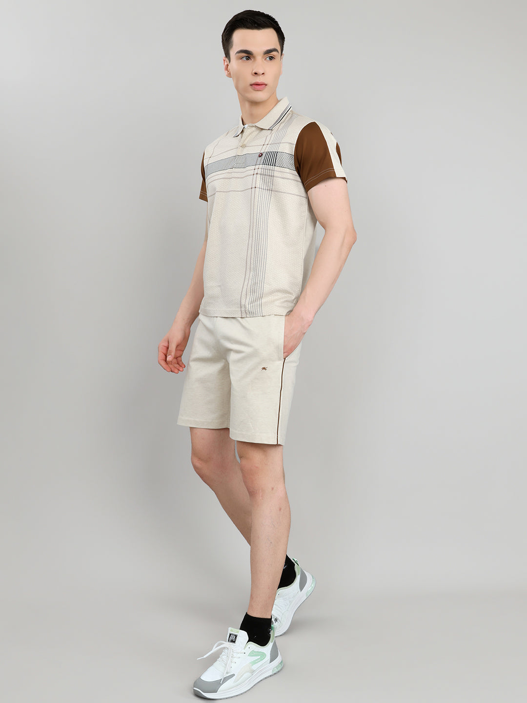 Men Beige & Brown Self Design Collar Half Sleeve 3 Pc Combo Set
