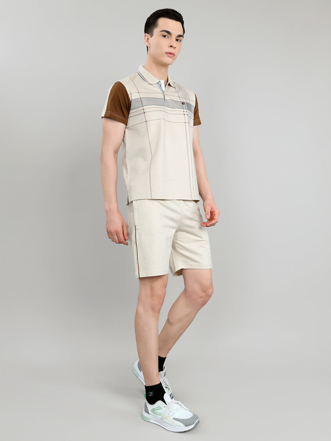 Men Beige & Brown Self Design Collar Half Sleeve 3 Pc Combo Set