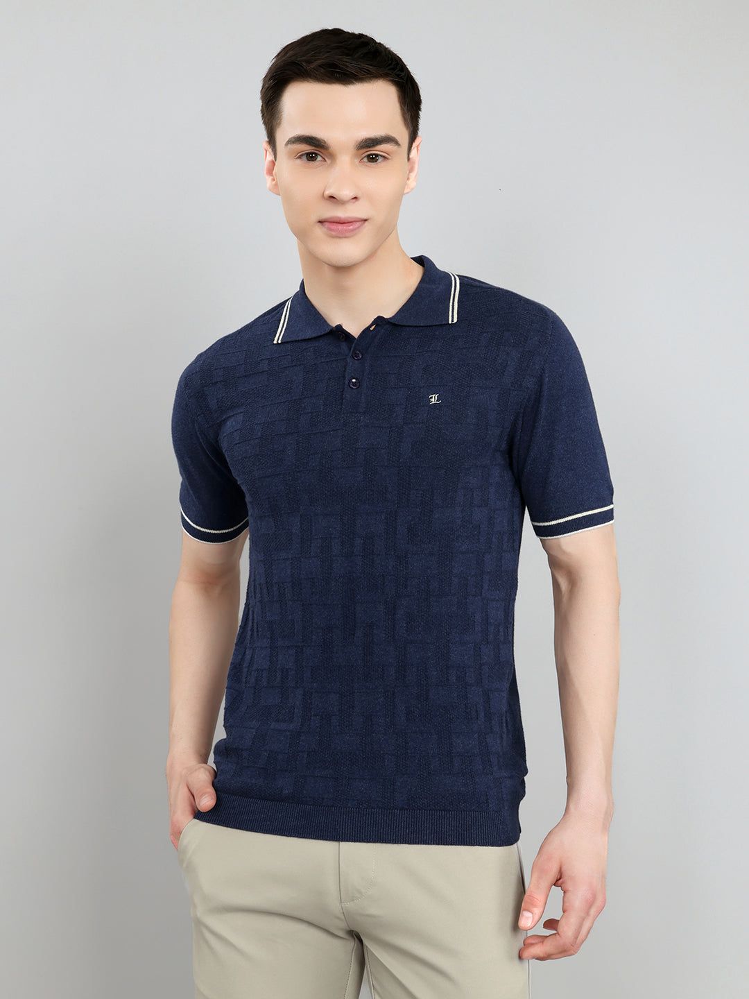 Luxuria Men Navy Blue Self Design Collar Half Sleeve T-Shirt