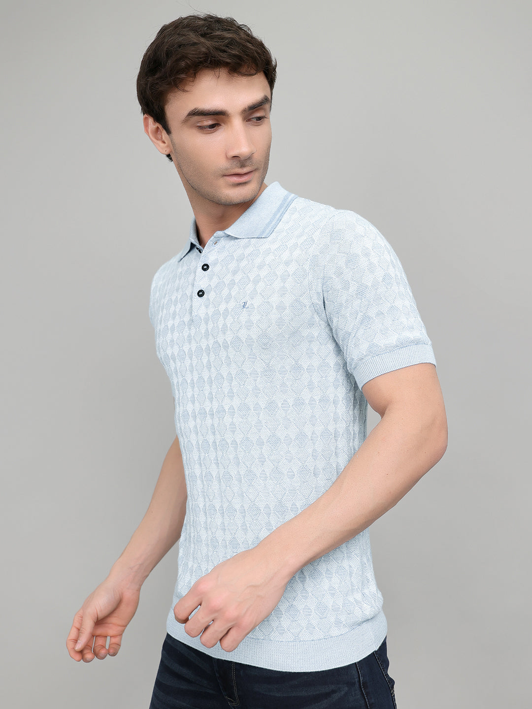 Luxuria Men Light Blue Jacquard Collar Half Sleeve T-Shirt