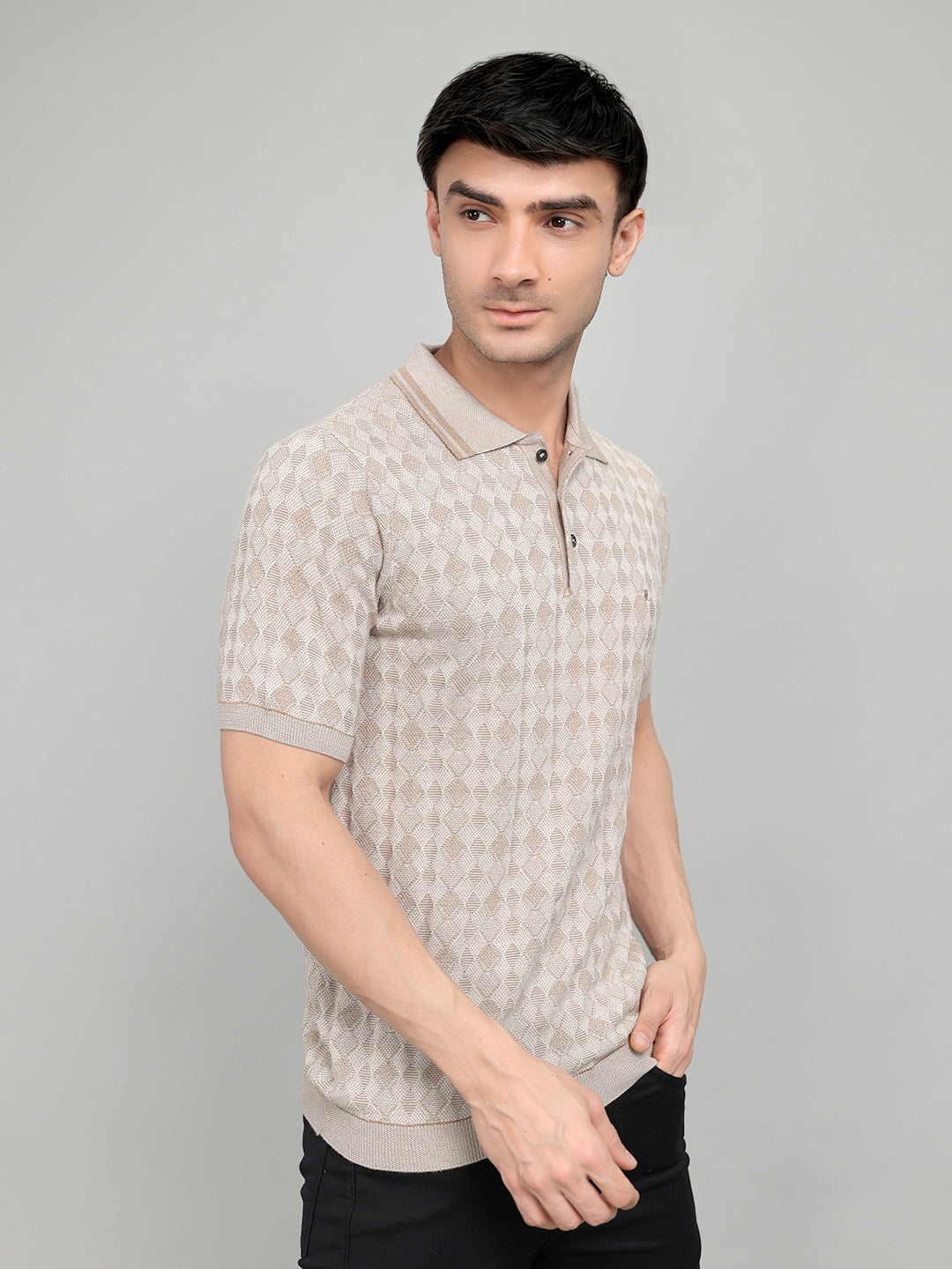 Luxuria Men Camel Brown Solid Collar Half Sleeve T-Shirt