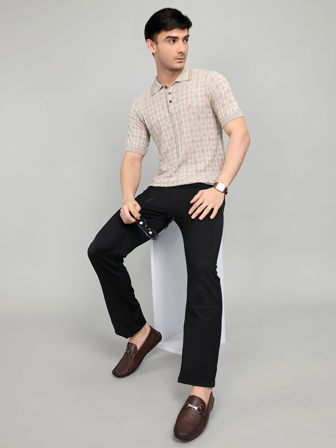Luxuria Men Camel Brown Solid Collar Half Sleeve T-Shirt