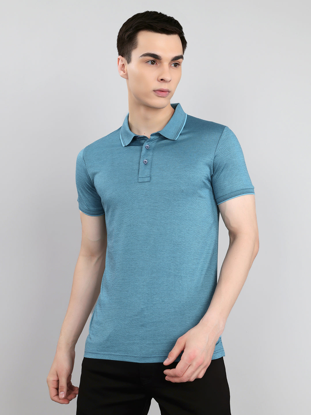 Luxuria Men Turquoise Blue Solid Collar Half Sleeve T-Shirt