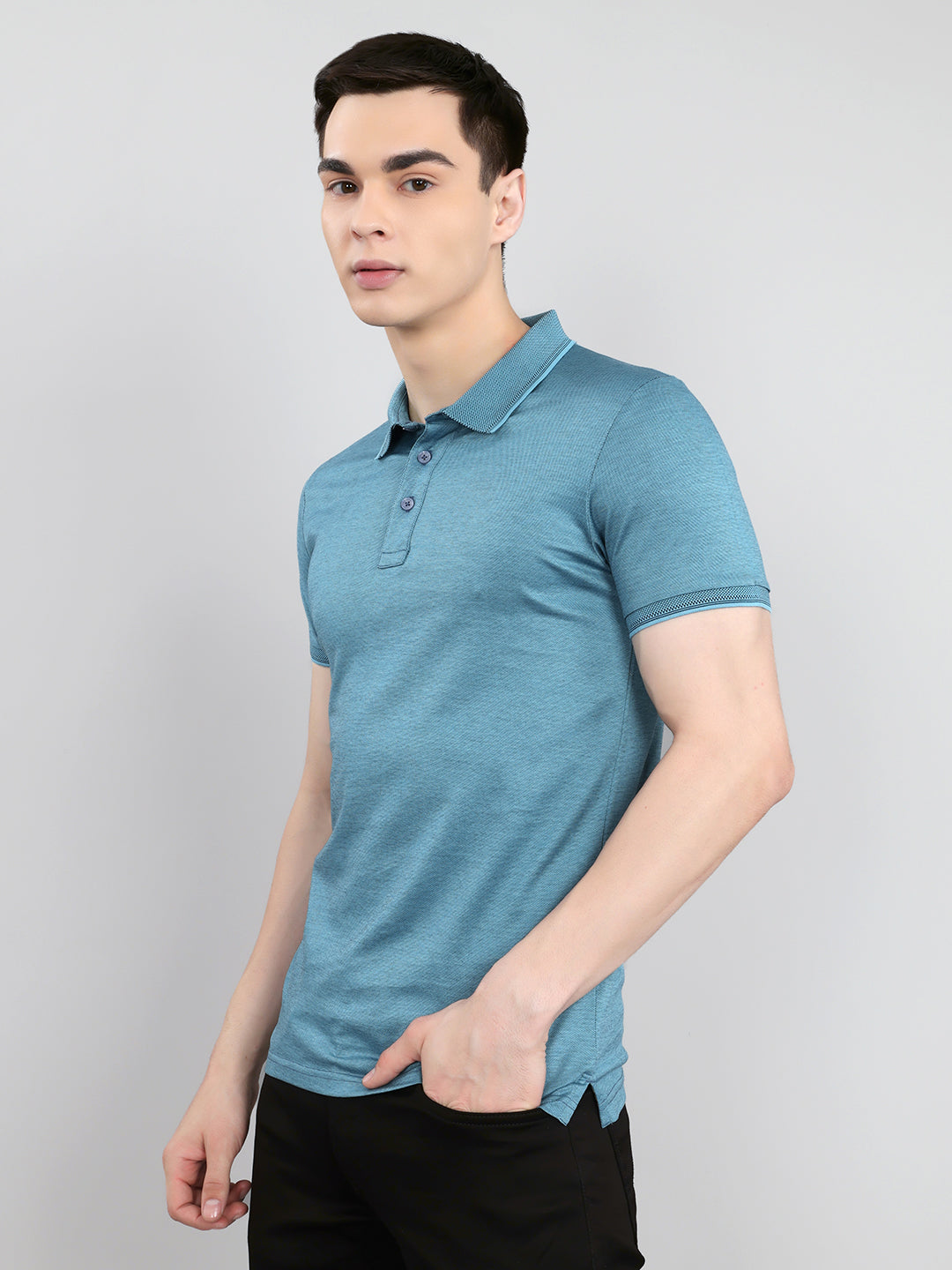 Luxuria Men Turquoise Blue Solid Collar Half Sleeve T-Shirt