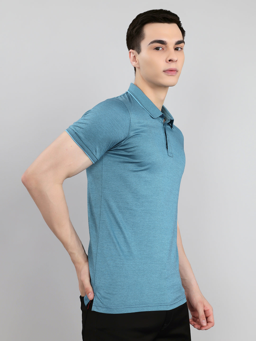Luxuria Men Turquoise Blue Solid Collar Half Sleeve T-Shirt