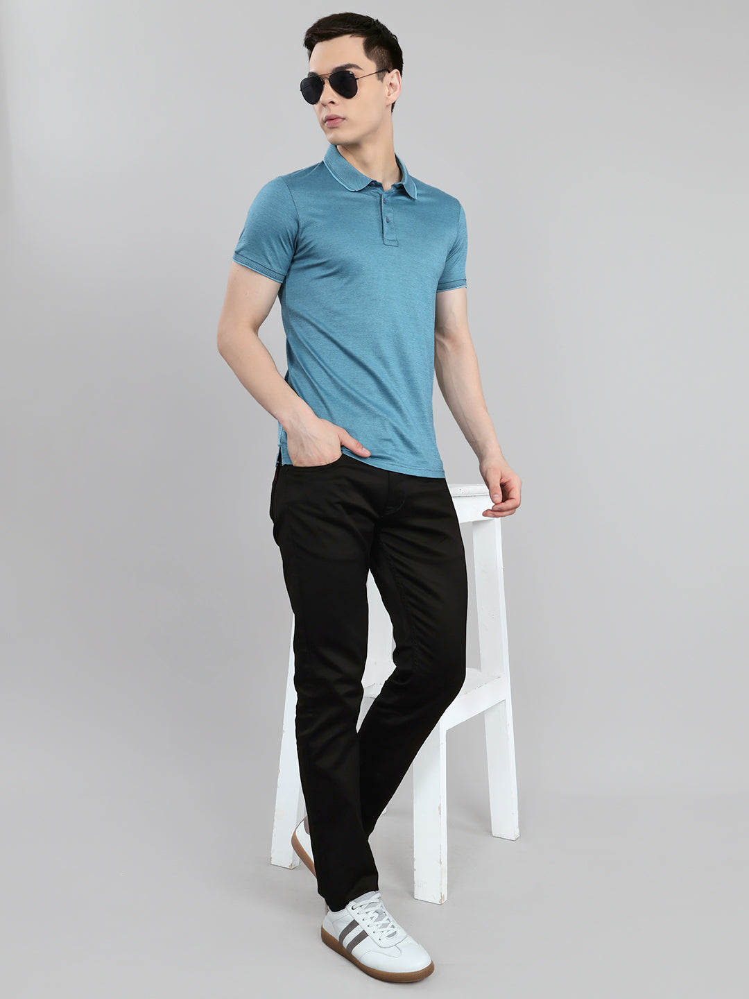 Luxuria Men Turquoise Blue Solid Collar Half Sleeve T-Shirt