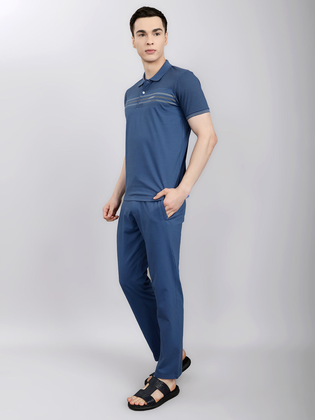 Luxuria Men Sky Blue Solid Round Neck Half Sleeve Lower Set