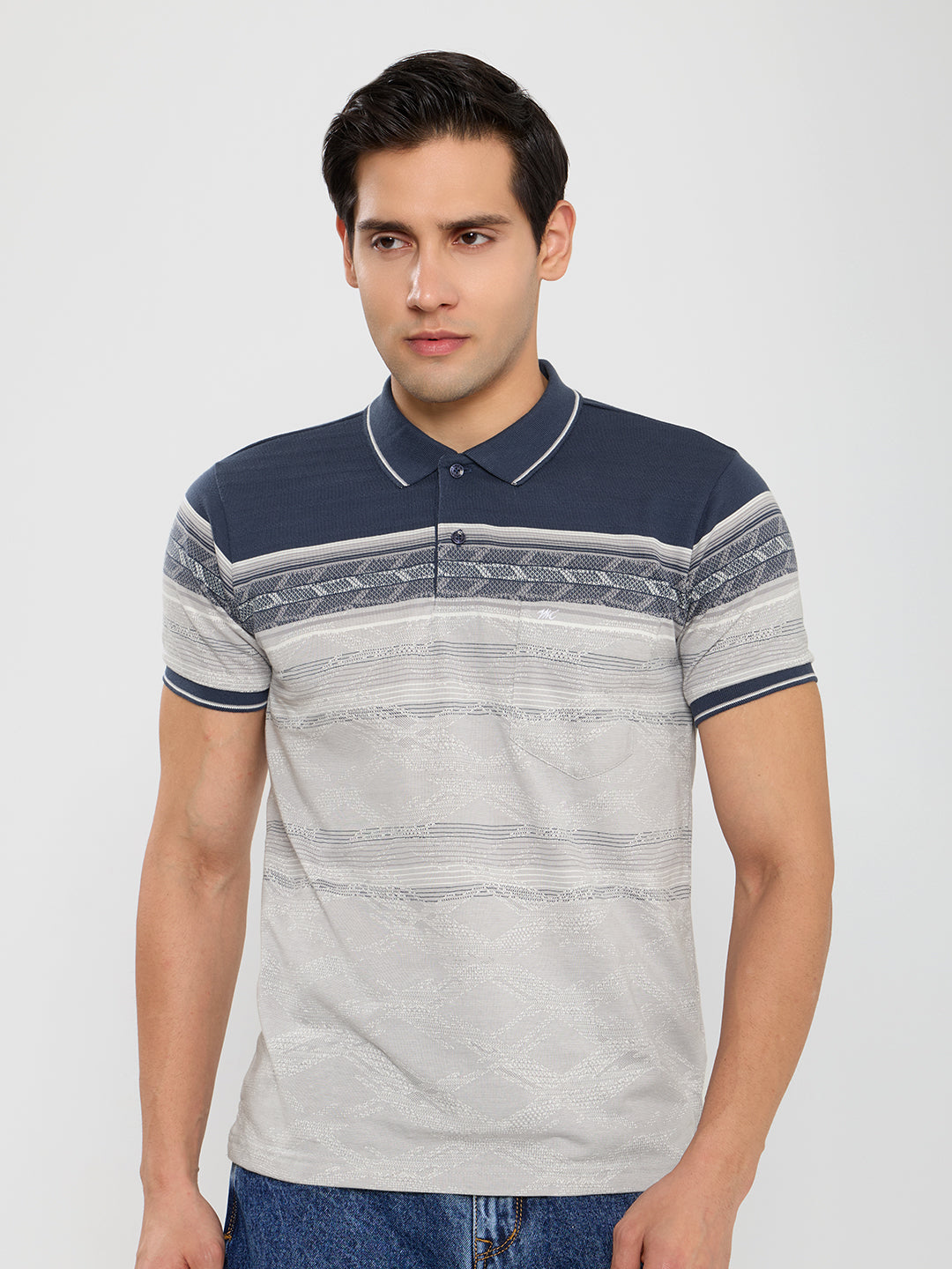 Men Blue Self Design Polo Collar Half Sleeve T-Shirt