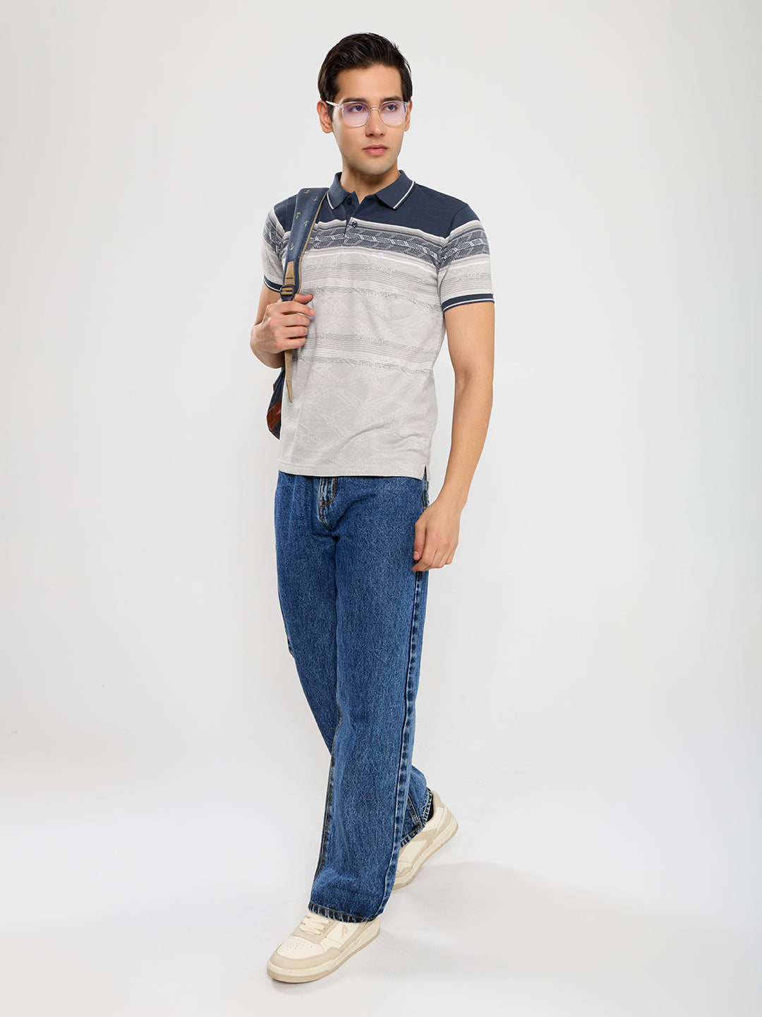 Men Blue Self Design Polo Collar Half Sleeve T-Shirt