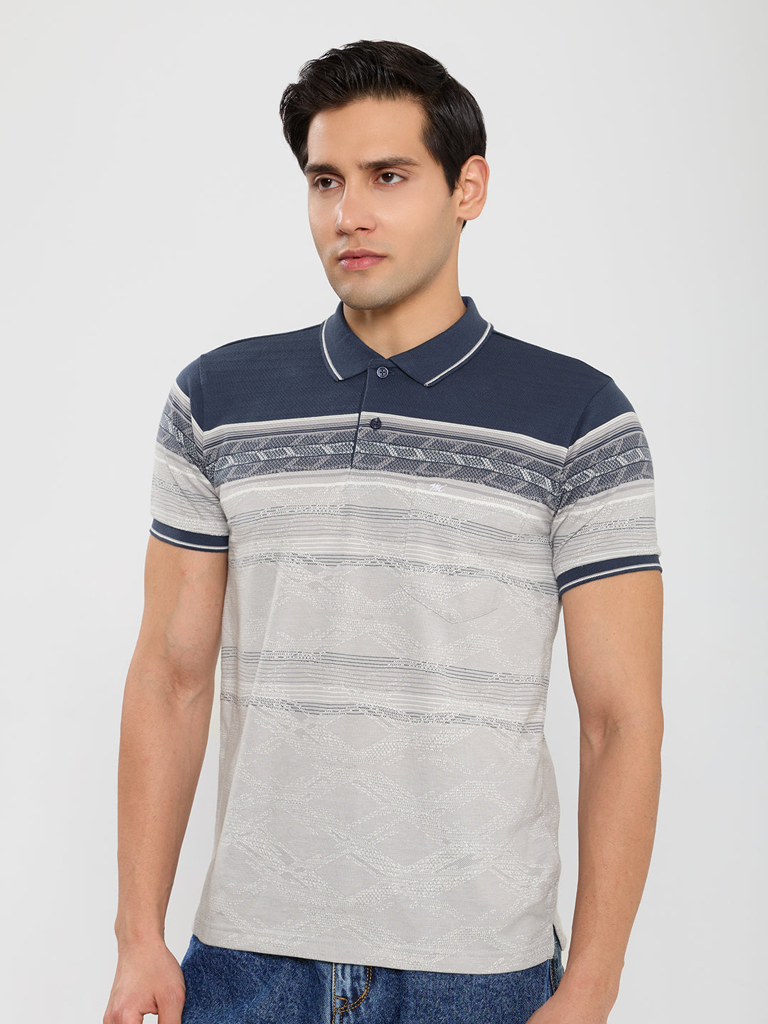 Men Blue Self Design Polo Collar Half Sleeve T-Shirt