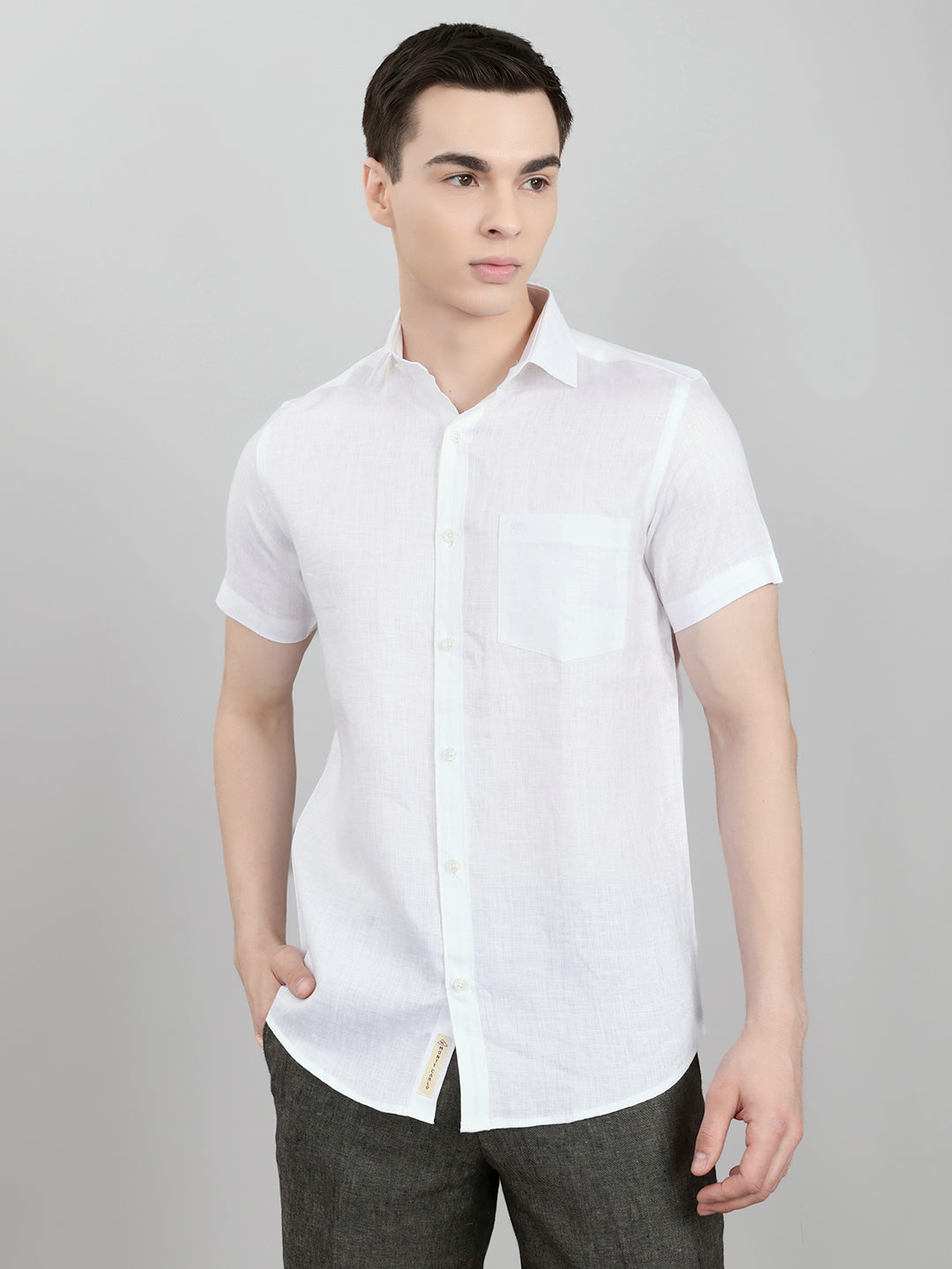 Men White Self Design Collar Half Sleeve Shirt